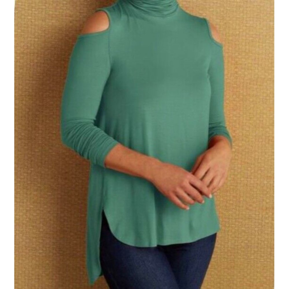 Soft Surroundings Top XL Turquoise Blue Green Long Tunic NEW Cold Shoulder Sleev